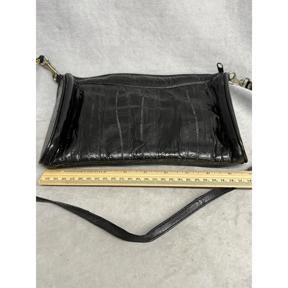 Sam Jin Eel‎ Skin Leather Crossbody Bag Purse Womens Black Convertible Clutch